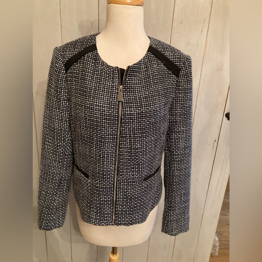 Vince Camuto Womens Blazer Jacket Full Zip Womens Size 10 Tweed Black/Blue